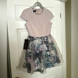 NEW Bebe Magnolia Frost Organza Mini Cap Sleeve Fit And Flare Dress Sz 6